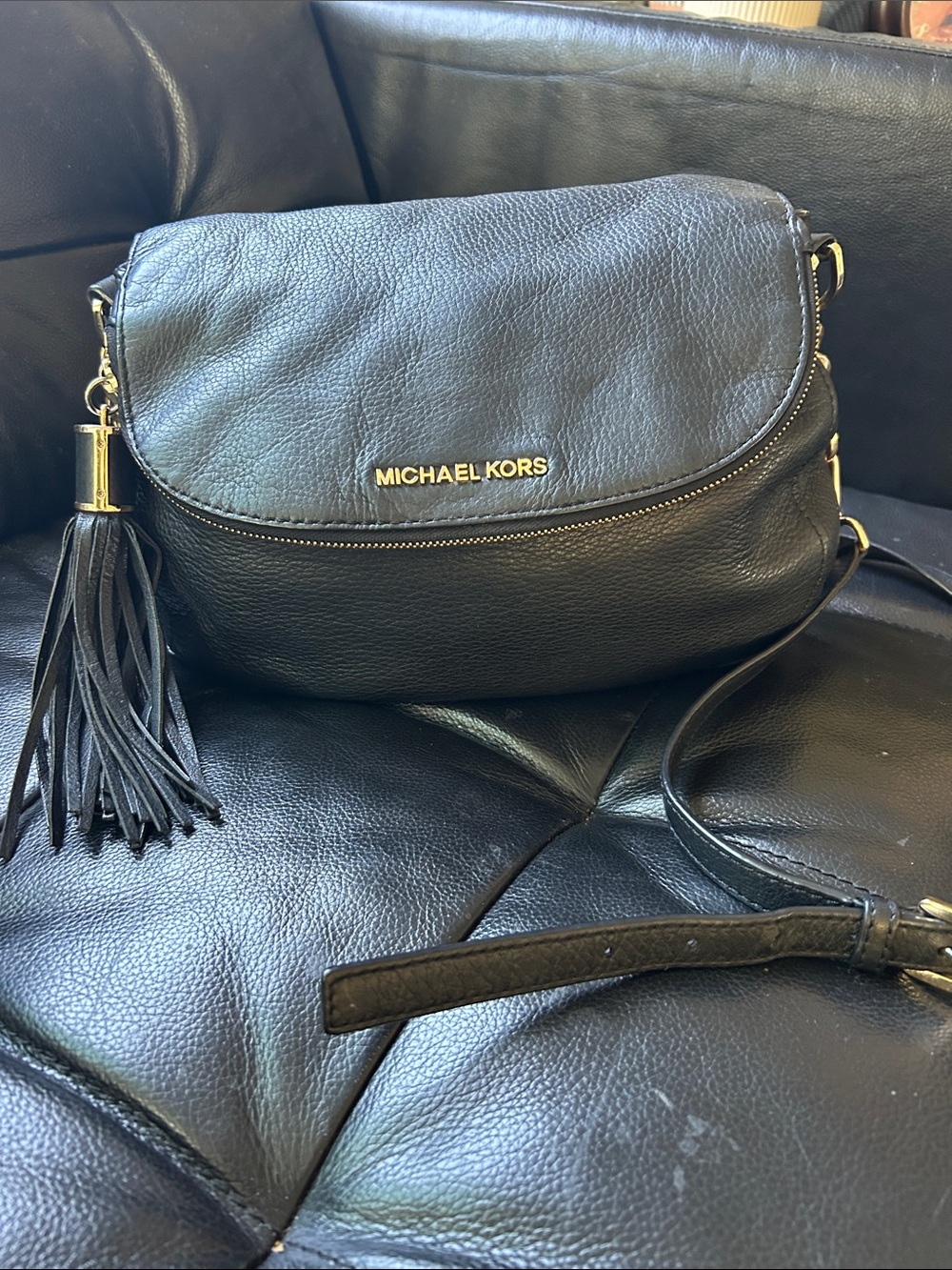 Michael Kors Black Pebbled Leather Crossbody with Tassel Accent